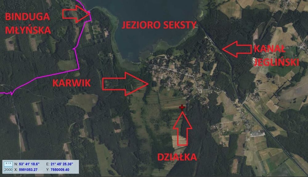 Działka rekreacyjna 3004 m2 w Karwiku, jezioro Seksty, Mazury