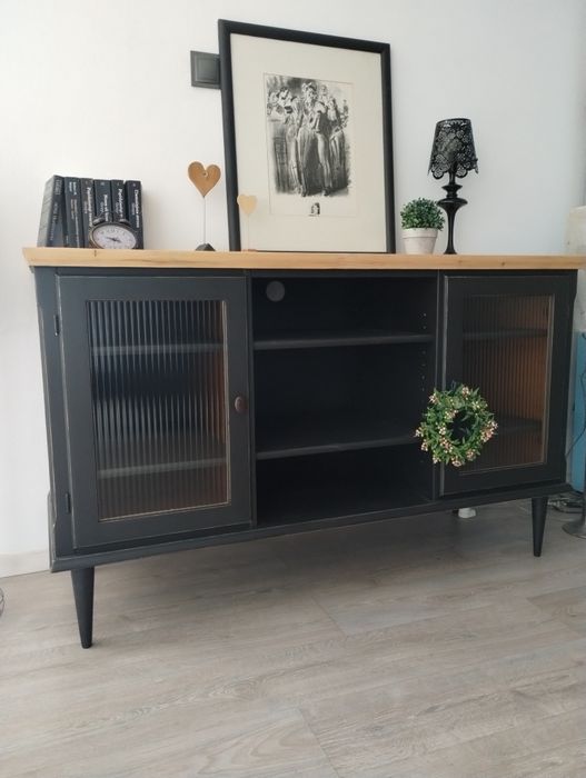 Komoda lite drewno ryflowane szyby