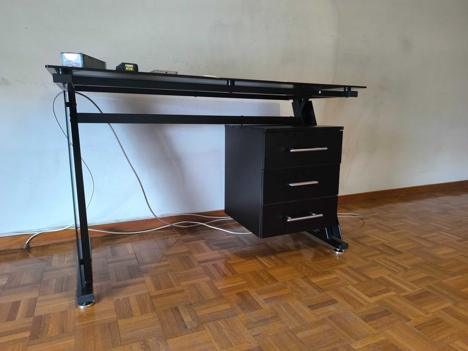 Secretária Moderna em Vidro Temperado Preto + Bloco 3 Gaveta