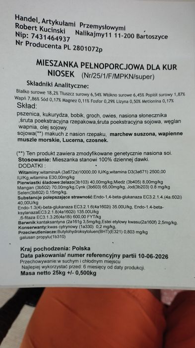 Mieszanka pełnoporcjowa dla kur niosek