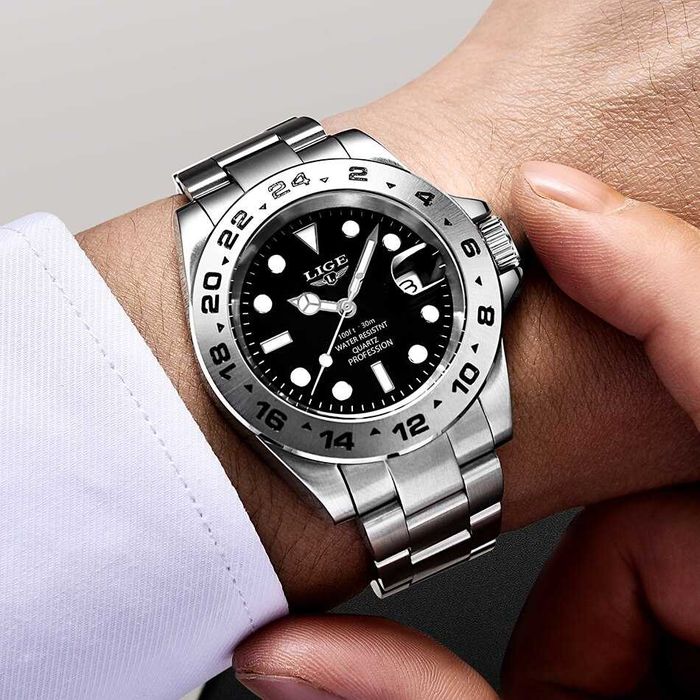 Zegarek Lige kwarcowy masywny datownik lupa bransoleta luma WR30 BOX
