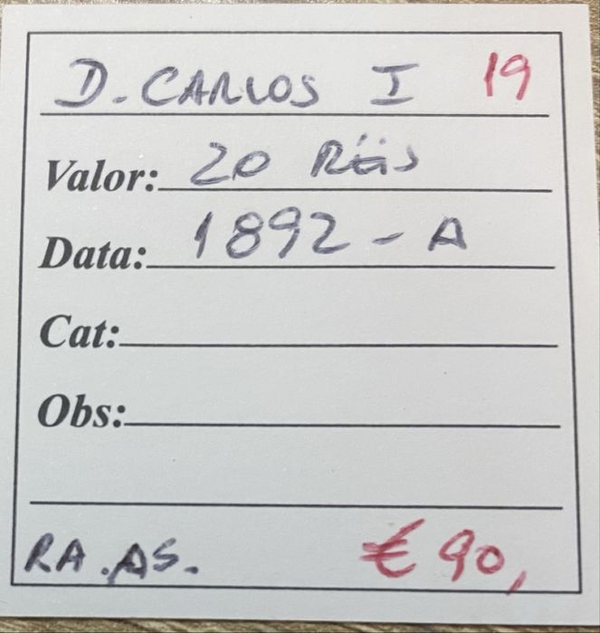 Moeda 19 - 20 Reis D.CARLOS I - 1892 A