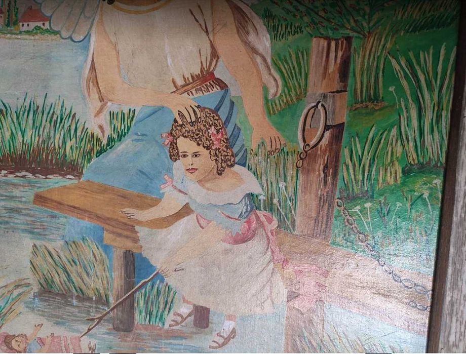 Art deco,obraz,olej,Anioł Stróż pilnuje dziecko