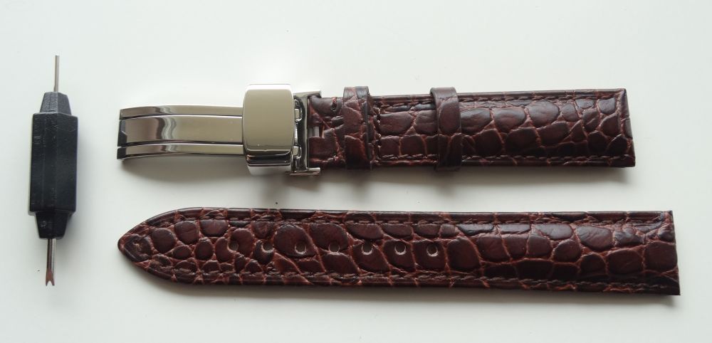 Pasek skorzany brązowy 20mm do zegarka z klamra motylkowa