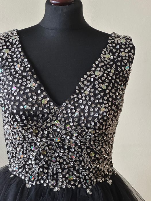 Wedding Dress Suknia Balowa Czarna  Cekiny Tiul Błyszcząca Głębokie V