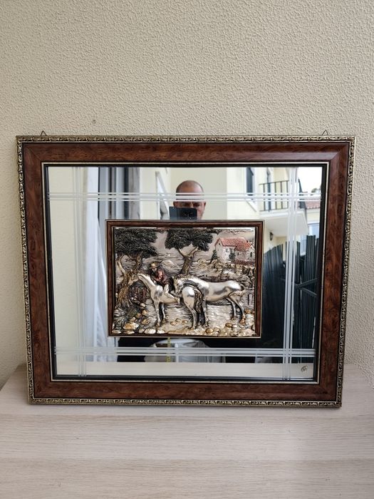Quadro Espelho com Placa em Prata de Lei 925 - Cavalos (70x60 cm)