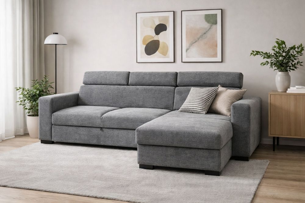 Naroznik z ruchomymi zagłówkami funkcją spania, pojemnik na posciel