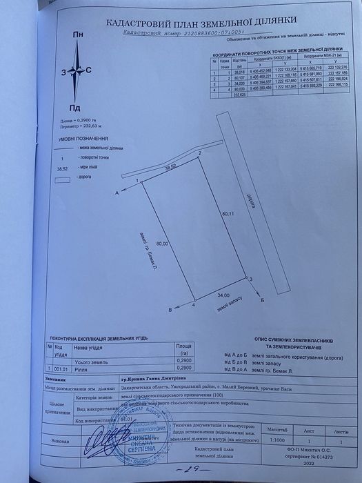 Земельна ділянка 0,29 га в с. Малий Березний