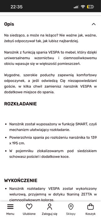 Narożnik VESPA z funkcją spania – stan idealny!