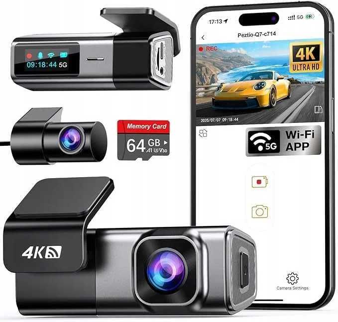 Wideorejestrator Przód Tył 4K Wifi 5G Karta Pamięci 64GB Navycrest Q7