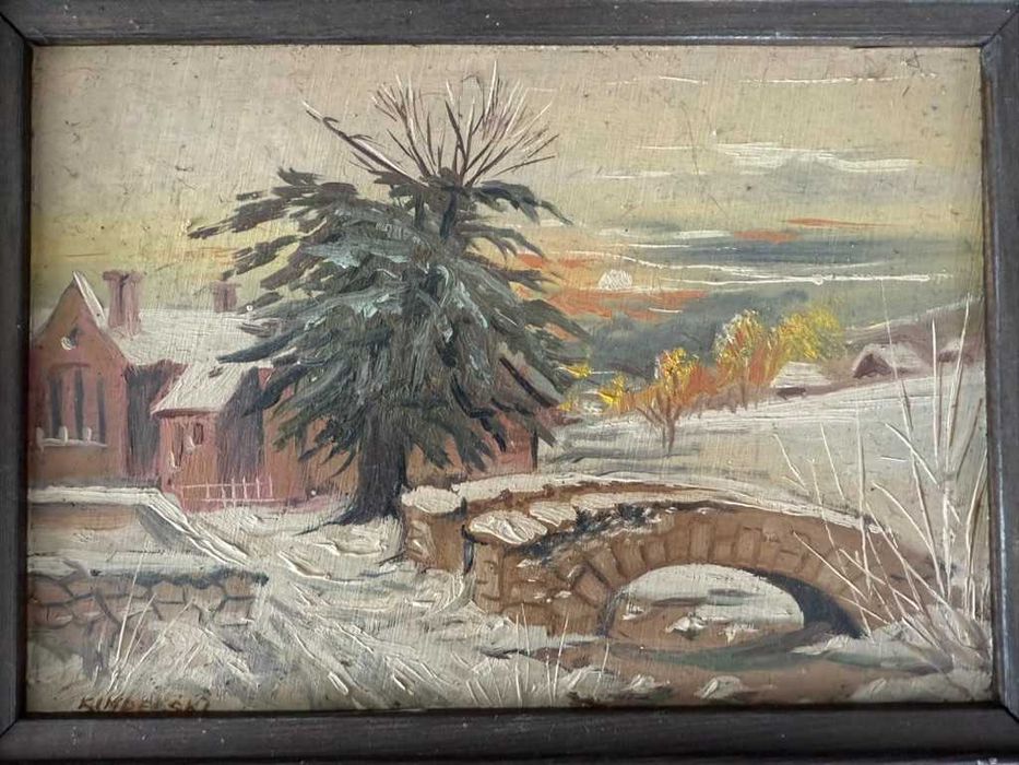 Komplet 3 obrazów olejnych – pejzaż wiejski, styl rustykalny