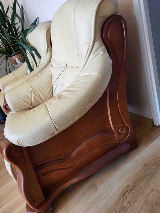 SWALEN Ekskluzywny duży komplet skórzany mebli z drewna