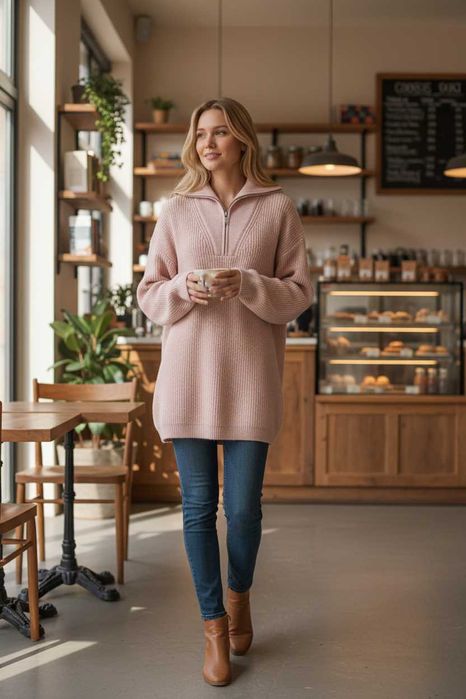 MANGO Wool Blend LUX Premium Sweter Półgolf Zip Pudrowy Róż S Nowy