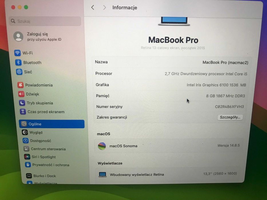 Apple dwa Macbooki AIR A1466/PRO A1502 i5 4/8GB 128 GB 2014 bat. bdb
