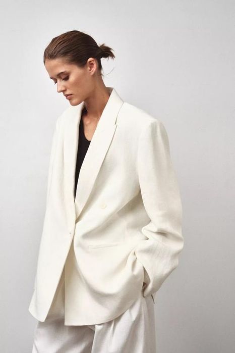 Двубортный блейзер из льняной смеси от zw collection zara, білий піджак з льону zara