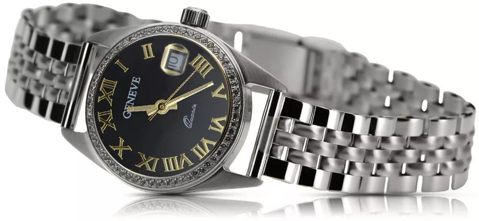 Zegarek damski z białego złota 14k z czarną tarczą lw078wdbc&lbw008w G