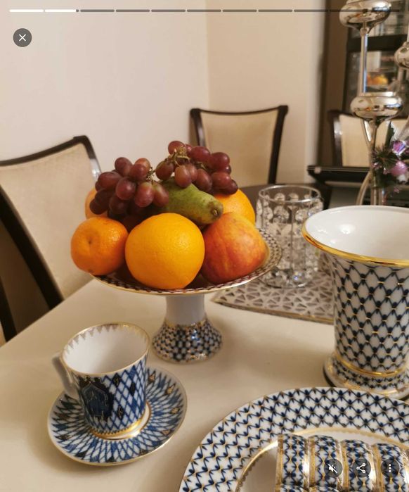 Zestaw obiadowy (kobaltowa siatka) IPM (dawny Łomonosow) na 12 osób.