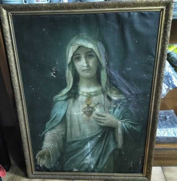 Gravura religiosa antiga emoldurada do Imaculado Coração de Maria
