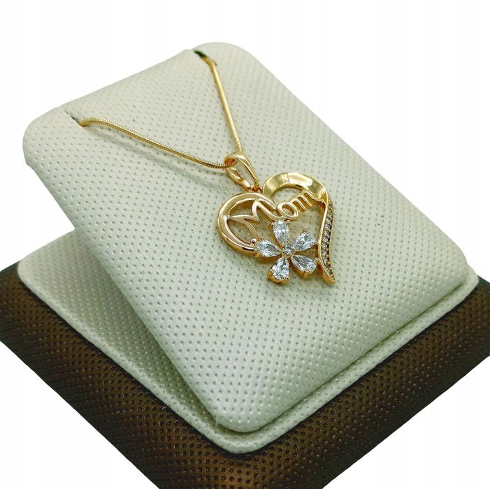 Złoty Naszyjnik Serce Brylantowy Kwiat Mom --- N314