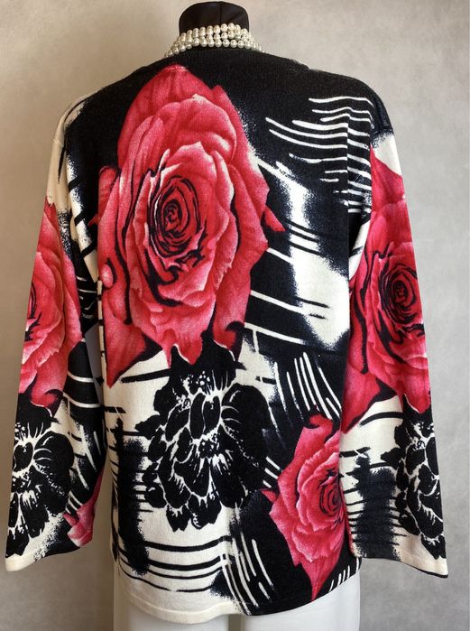 Sweter damski czarny w róże kwiaty wzory wełna elegancki 40 L XL