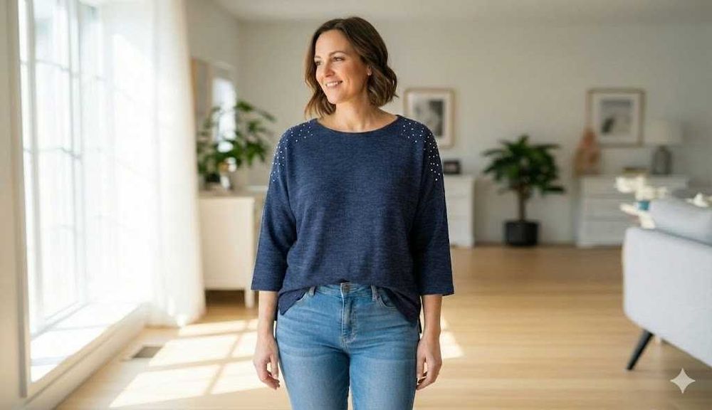 Granatowa Bluzka Yessica Rozmiar L,Luźny Krój,Dżety na Ramionach