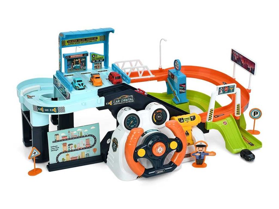 Великий ігровий набір 2в1: паркінг+трек (кермо, трек, ліфт, 6 машинок)