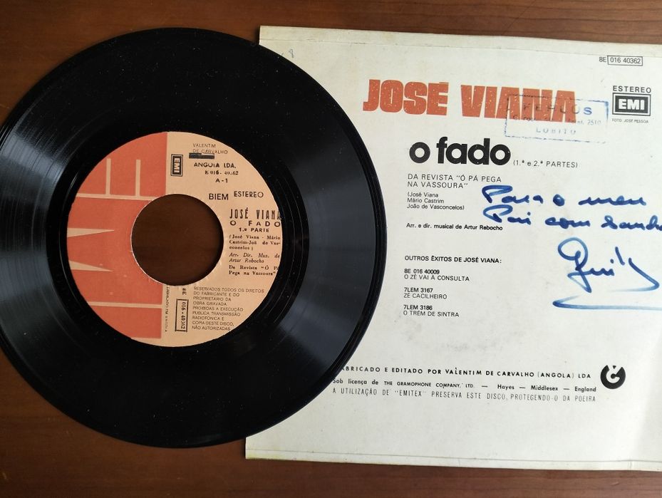 Disco de vinil single José Viana/O Fado
