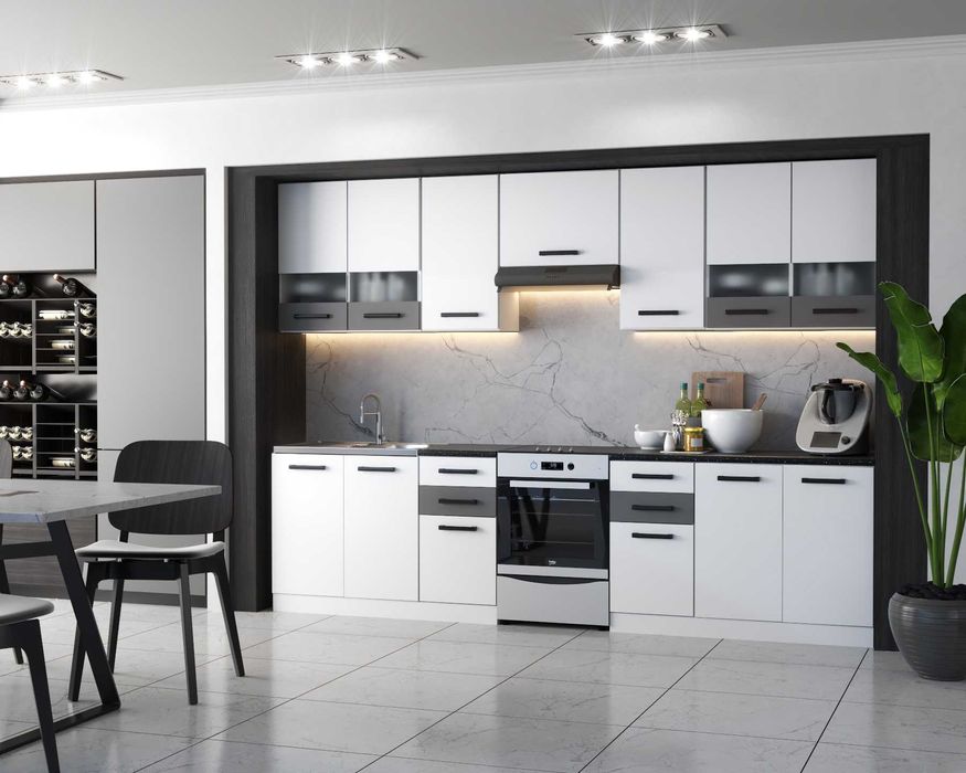 Meble Kuchenne Nowoczesne Elio 3.0m Zestaw Modułowy Duży Pojemny Biały