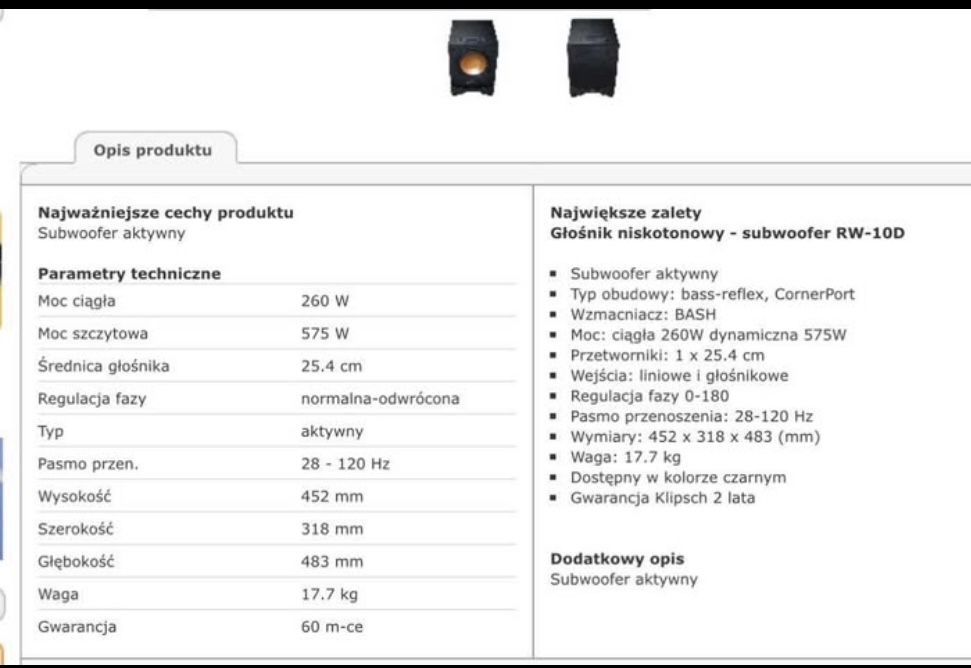 Kino domowe. Subwoofer Klipsch RW-10D, Centr Klipsch RC-52.