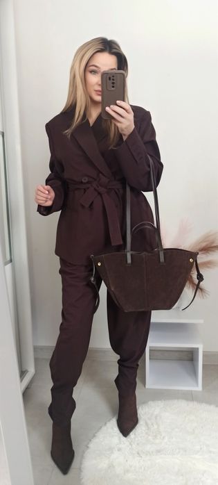 Zara garnitur czekoladowy brązowy spodnie marynarka wiązana s 36