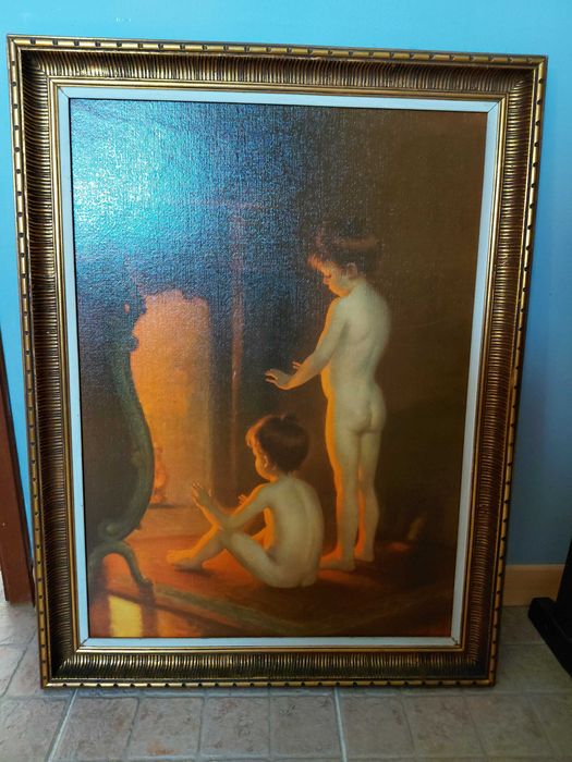 Quadro antigo de Meninas à Lareira