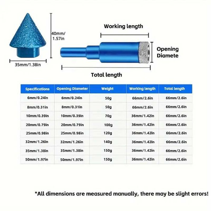 F1215 9 brocas diamante vidro cerâmica mármore granito 6 A 50 mm