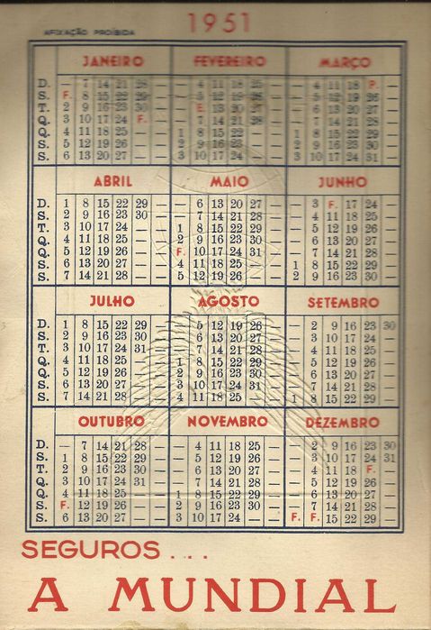 Calendário antigo 1951 - Companhia de Seguros A MUNDIAL