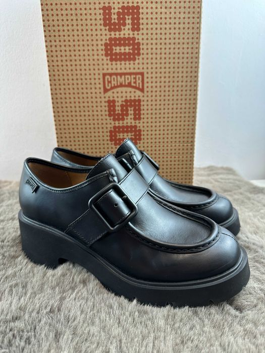 Buty damskie czarne skórzane mokasyny czółenka na platformie camper milah 40