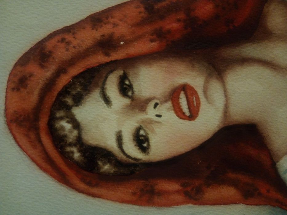 C. Pereira de Lima - antiga aquarela de uma linda mulher com limões