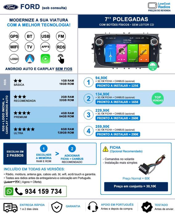 NOVOS: Auto Rádio GPS FORD (7") • ANDROID 15 • BT • USB • WIFI Focus Mondeo | CARPLAY • ANDROID AUTO