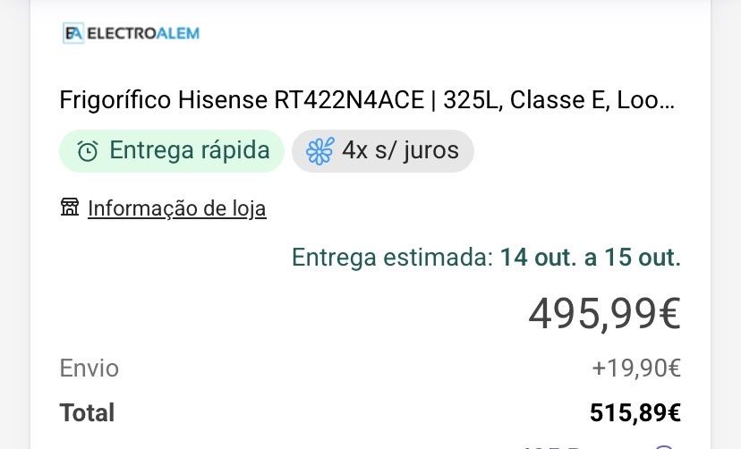 De 500 para €225 Frigorífico HISENSE RT422N4ACE (No Frost - 169.6 cm - 325 L - Inox)  Estamos pertissimo de Leiria 20 min