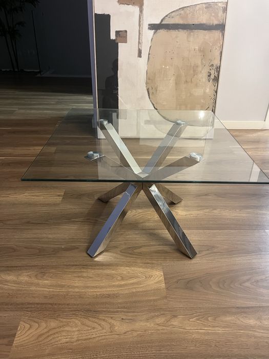 Mesa de Centro Moderna em Vidro Temperado e Aço Inox