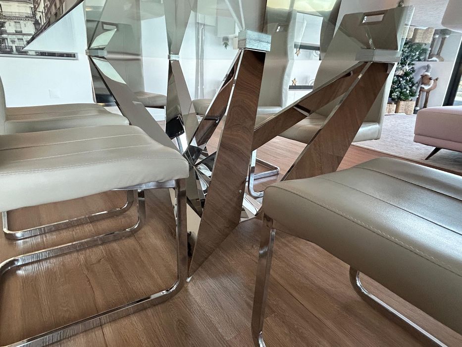 Mesa de jantar vidro + 6 cadeiras suspensas (alto padrão)