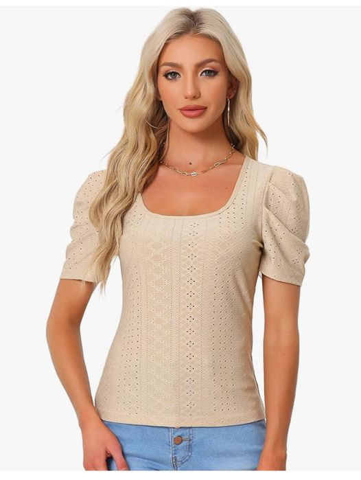 Bluzka damska z bufiastymi rękawami i kwadratowym dekoltem, beżowa, rozm. S, ALLEGRA K