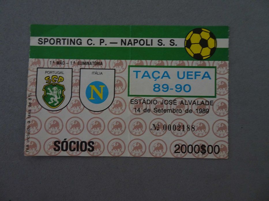 Bilhete de futebol Sporting Nápoles Taça UEFA 89/90 14 setembro 1989