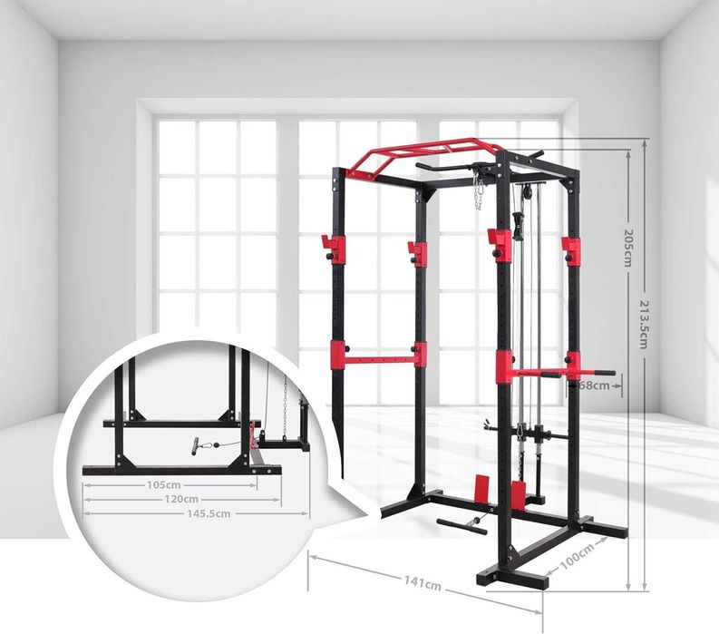 Klatka treningowa Power Rack z wyciągiem + drążek + dipy + maty