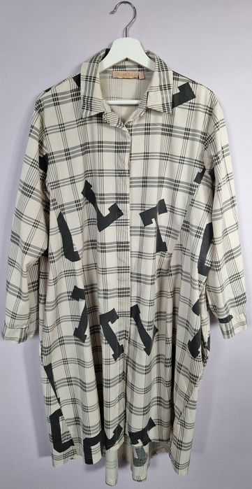 Beżowa luźna sukienka w kratę typu worek L XL 2XL Marta