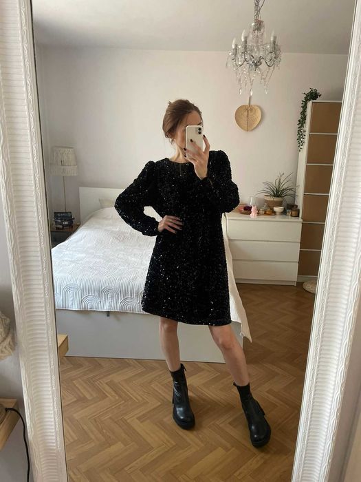 H&M sukienka czarna cekinowa bufiaste rękawy cekiny imprezowa L 40