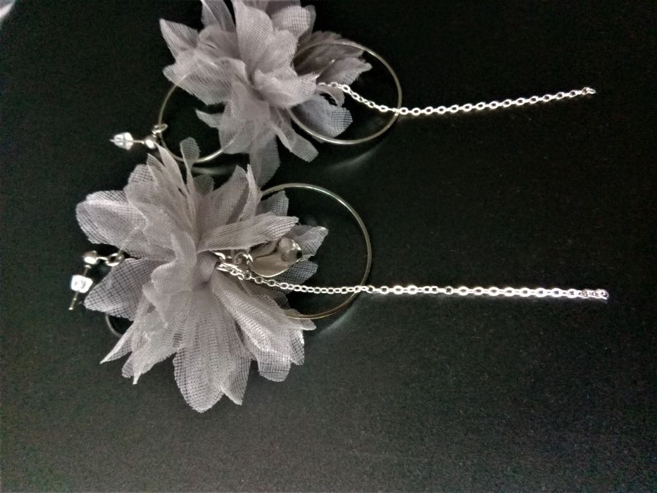 Kolczyki ŚLUBNE wizytowe HandMade z kwiatem szare srebrne BOHO