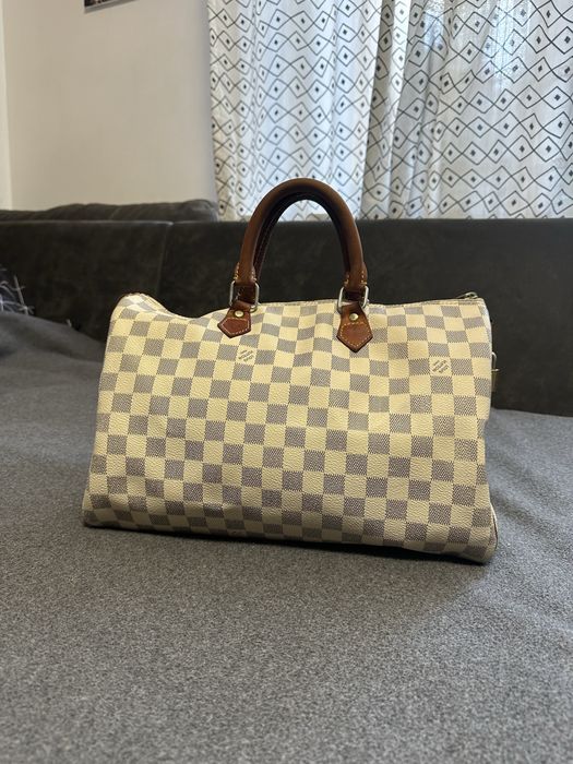 Сумка Louis Vuitton Speedy 30 Damier Azur Луї Віттон Луи Виттон Спіді 30 жіноча оригінал дорожня Дамьє Азур LV з замком