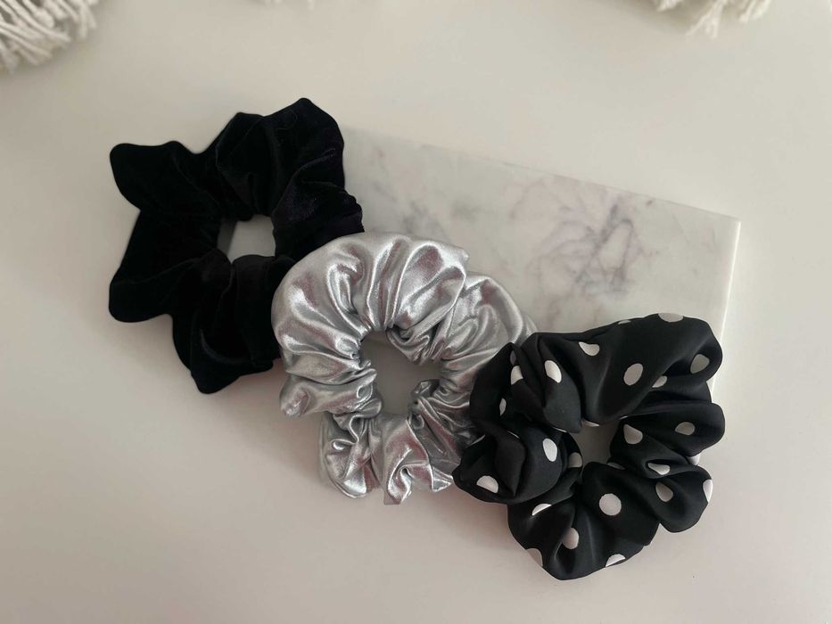 Gumki do włosów scrunchie czarna aksamit groszki srebrna zestaw 3 szt.