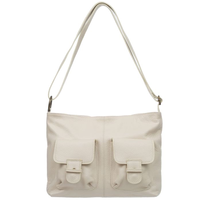 VERA PELLE torebka skórzana listonoszka z kieszeniami V648 kremowa