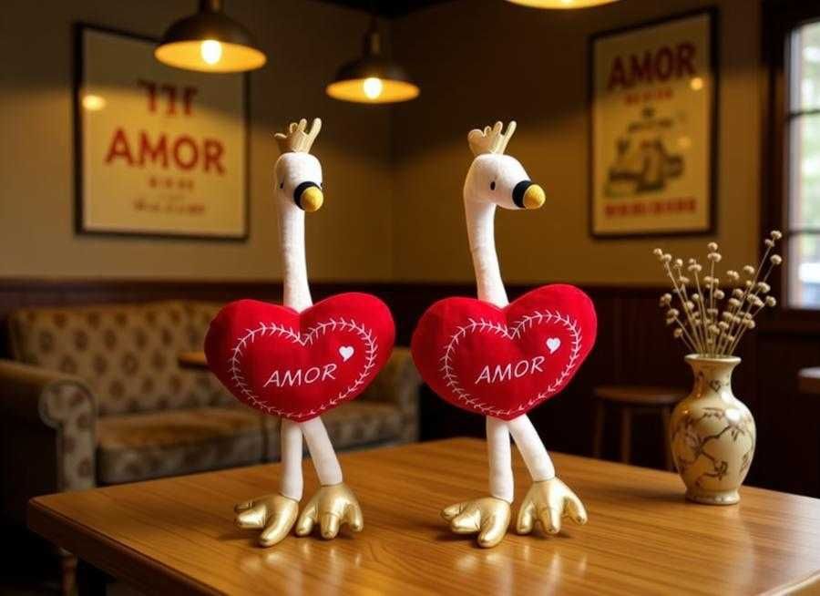 Um cisne de peluche com um coração vermelho gravado com "amo-te" no peito, perfeito para decoração e como presente de Dia dos Namorados.