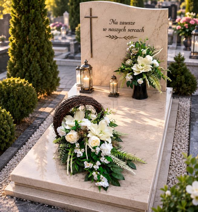 Komplet na cmentarz: kompozycja plus bukiet na nagrobek